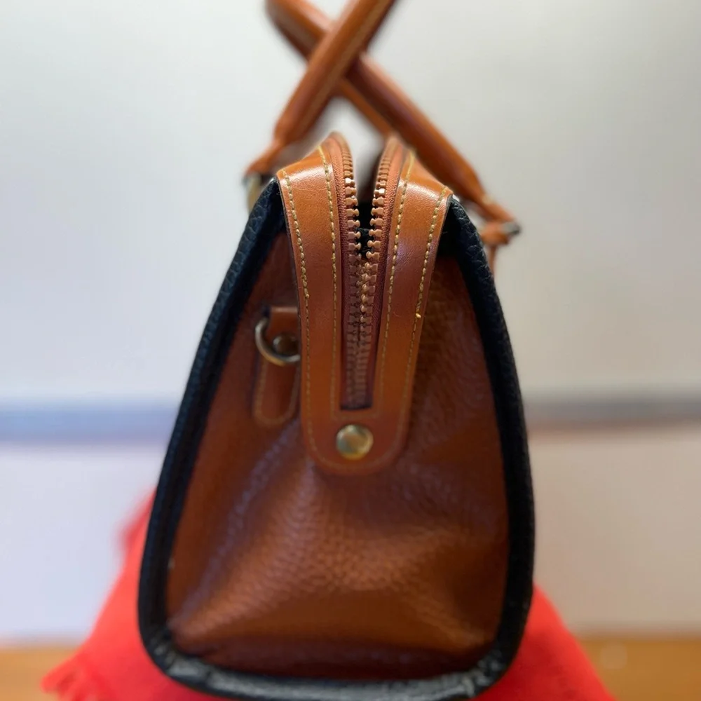 RARE Dooney & Bourke Tan Forest Green All Weather Leather Satchel Hand Bag Purse